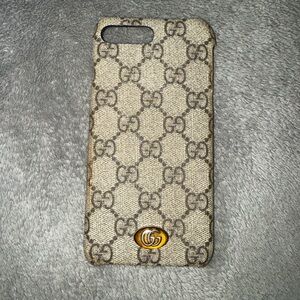 Authentic Gucci Beige Monogram iPhone Case with Gold GG Emblem